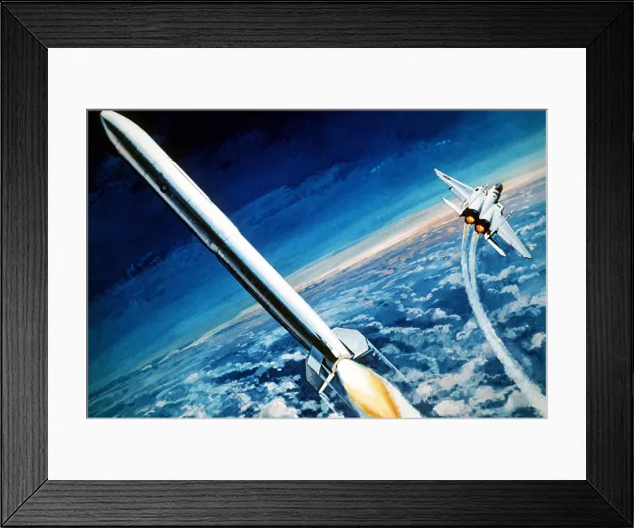 Framed Print : 1983 military artist's concept of an anti-satellite missile after being launched from an F-15 Eagle aircraft. (BSLOC_2011_12_345) Framed Print : 1983 military artist's concept of an anti-satellite missile after being launched from an F-15 Eagle aircraft. (BSLOC_2011_12_345)