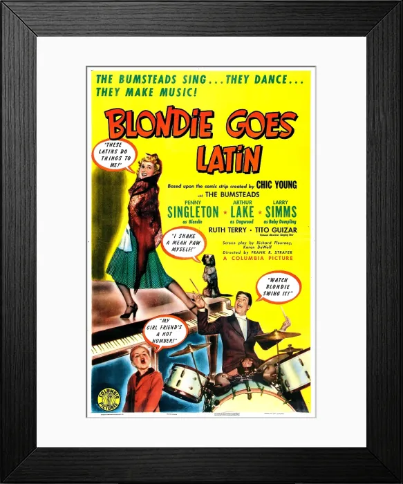 Framed Print : BLONDIE GOES LATIN, US poster, top left: Penny Singleton, bottom right: Arthur Lake, bottom left: Larry Simms, 1941
