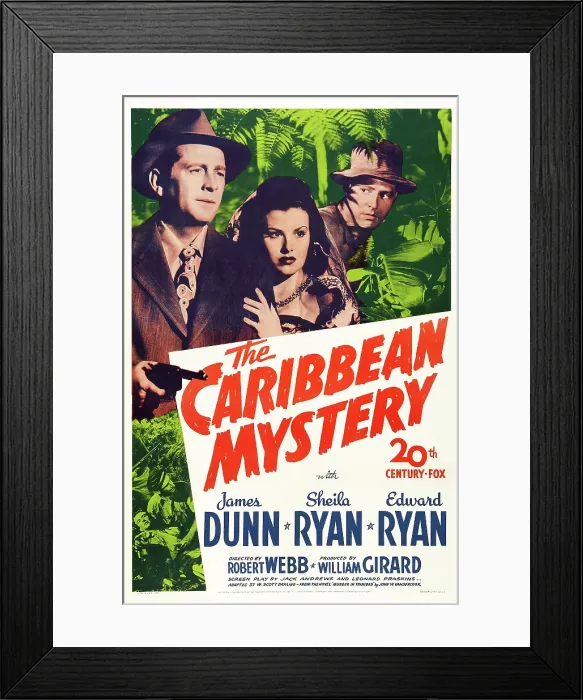 Framed Print : THE CARIBBEAN MYSTERY, US poster art, from left: James Dunn, Sheila Ryan, Edward Ryan, 1945. TM & Copyright 20th Century-Fox Film Corp Framed Print : THE CARIBBEAN MYSTERY, US poster art, from left: James Dunn, Sheila Ryan, Edward Ryan, 1945. TM & Copyright 20th Century-Fox Film Corp