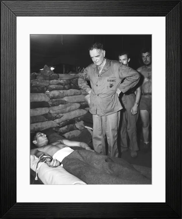 Framed Print : Admiral William Halsey visiting a sandbagged hospital dugout at Bougainville