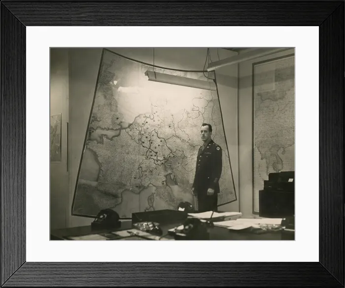 Framed Print : White House Map Room, ca. 1943. U.S. Army Signal Corps Officer Al Cornelius stands between maps of the European and Pacific War theaters. World War 2. (BSLOC_2014_8_132) Framed Print : White House Map Room, ca. 1943. U.S. Army Signal Corps Officer Al Cornelius stands between maps of the European and Pacific War theaters. World War 2. (BSLOC_2014_8_132)