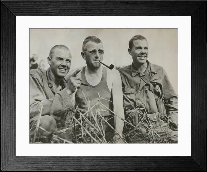 Framed Print : Brig. Gen. Frank Merrill flanked by the Higgins twins Elbert Viron (left) and Albert Byron in 1944 Framed Print : Brig. Gen. Frank Merrill flanked by the Higgins twins Elbert Viron (left) and Albert Byron in 1944