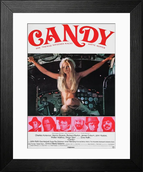 Framed Print : CANDY, German poster, Ewa Aulin (top), bottom form left: Charles Aznavour, Marlon Brando, Richard Burton, James Coburn, Walter Matthau, Ringo Starr, 1968