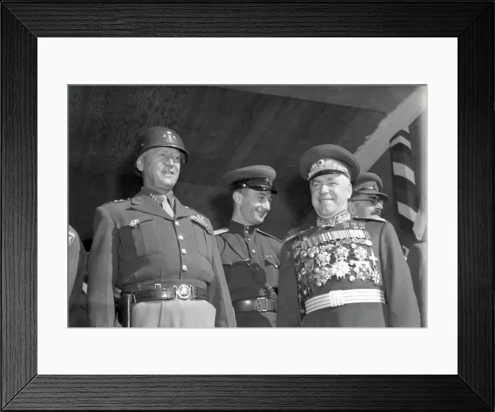 Framed Print : General George S. Patton (left) and Soviet Marshall Gregory Zhukov review troops in Berlin Framed Print : General George S. Patton (left) and Soviet Marshall Gregory Zhukov review troops in Berlin