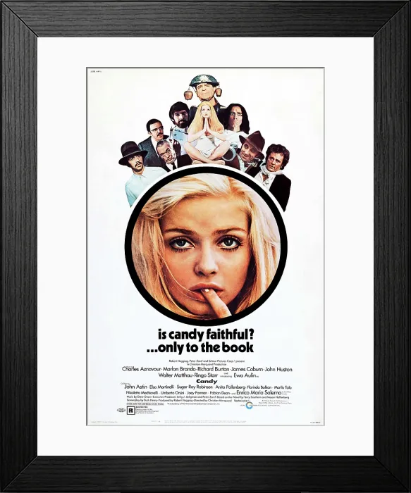 Framed Print : CANDY, US poster art, top left to right: Ringo Starr, John Astin, John Huston, James Coburn, Walter Matthau, Ewa Aulin, Marlon Brando, Charles Aznavour, Richard Burton