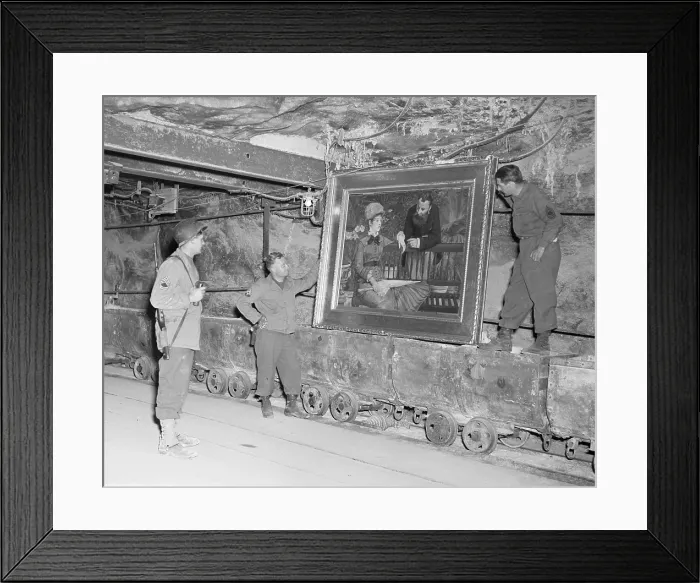 Framed Print : U.S. soldiers with Edouard Manet's, In the Conservatory, discovered in the Merkers salt mine in Germany Framed Print : U.S. soldiers with Edouard Manet's, In the Conservatory, discovered in the Merkers salt mine in Germany