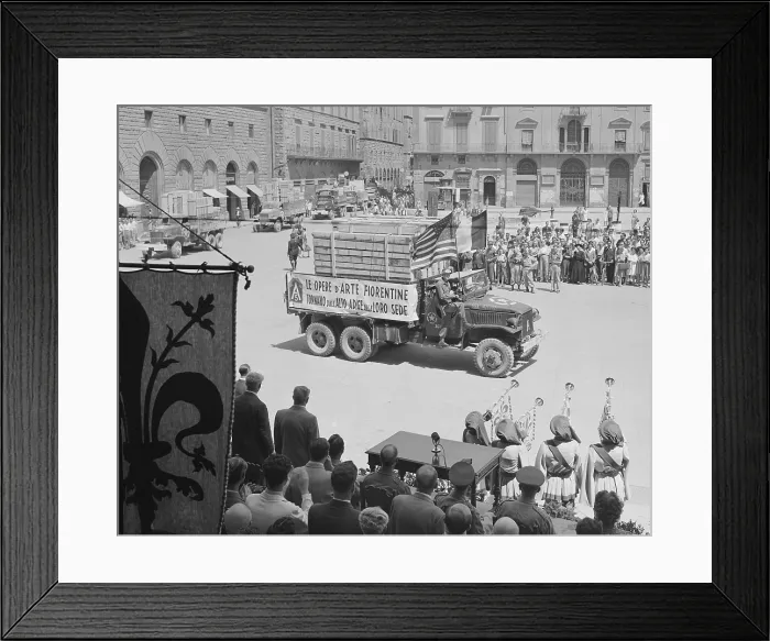 Framed Print : Italian art treasures looted by Nazi Germany are returned to Florence by the U.S. Army. Six trucks guarded by U.S