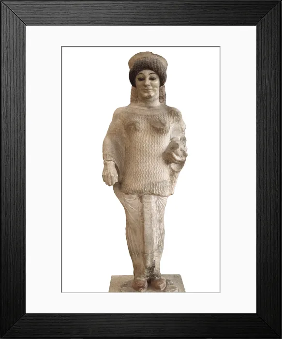 Framed Print : Red Shoes Kore. ca. 510 BC. Archaic Greek art. Sculpture on marble. GREECE. Athens. Acropolis. Acropolis Museum. Proc: GREECE. Athens. Acropolis