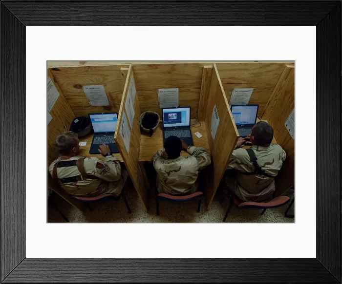Framed Print : Soldiers and airmen in Iraq check their e-mail at Camp Caldwell Iraq. Nov. 19 2004. (BSLOC_2011_12_282) Framed Print : Soldiers and airmen in Iraq check their e-mail at Camp Caldwell Iraq. Nov. 19 2004. (BSLOC_2011_12_282)