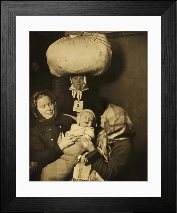 Framed Print : Portrait of three women and a baby just arrived to Ellis Island. They identified as Slovaks, from what was the Hungarian ruled part of the Austro-Hungarian Empire