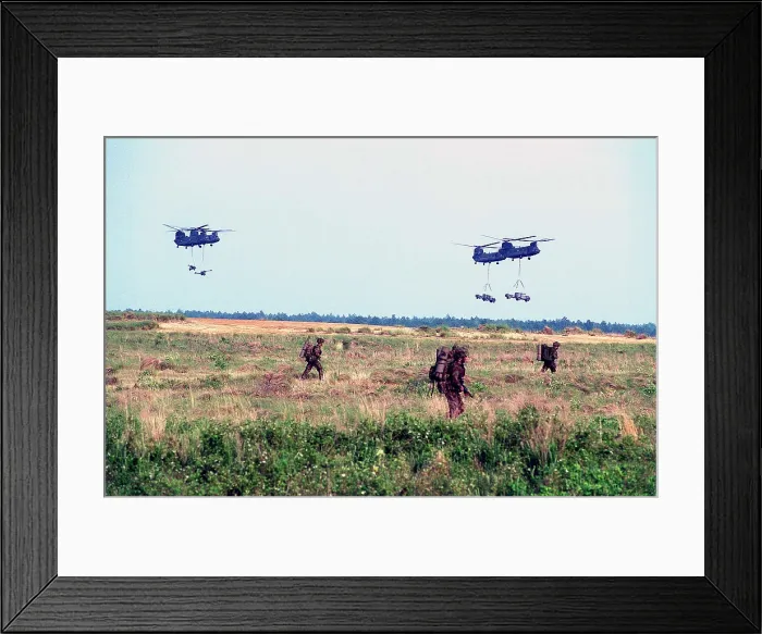 Framed Print : US Army Chinook CH-47's ferry in British Land Rovers during the helicopter insertion in exercise with British Royal Marines. Fort Bragg North Carolina. May 16 1996
