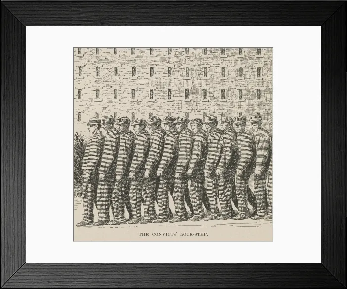 Framed Print : A line of convicts marching in a lock step at Blackwells Island Penitentiary, New York City. They were subject to strict discipline, heavy hard labor, and fed coarse food