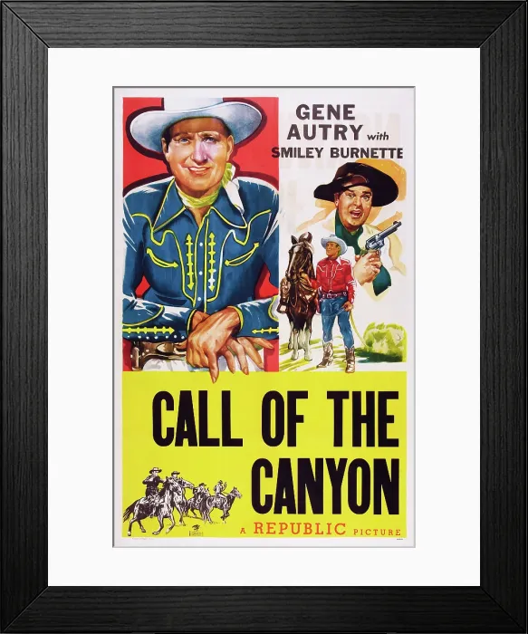 Framed Print : CALL OF THE CANYON, US poster, from left: Gene Autry, Smiley Burnette (gun), 1942 Framed Print : CALL OF THE CANYON, US poster, from left: Gene Autry, Smiley Burnette (gun), 1942