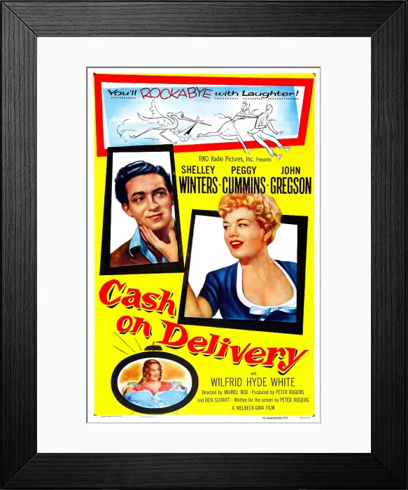 Framed Print : CASH ON DELIVERY, US poster, from left: John Gregson, Shelley Winters, Peggy Cummins (bottom left), 1954