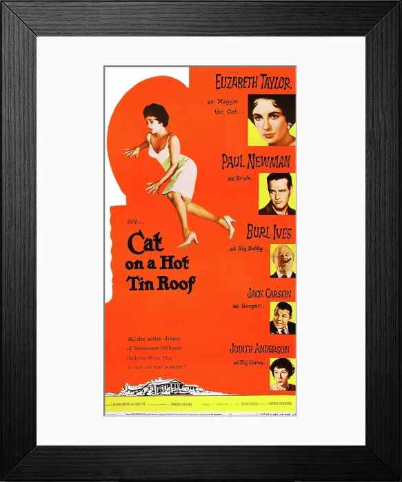 Framed Print : CAT ON A HOT TIN ROOF, left: Elizabeth Taylor, right from top: Elizabeth Taylor, Paul Newman, Burl Ives, Jack Carson, Judith Andreson on standee poster art, 1958 Framed Print : CAT ON A HOT TIN ROOF, left: Elizabeth Taylor, right from top: Elizabeth Taylor, Paul Newman, Burl Ives, Jack Carson, Judith Andreson on standee poster art, 1958