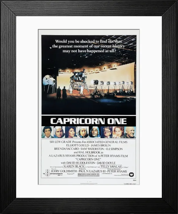 Framed Print : CAPRICORN ONE, l-r: Elliott Gould, James Brolin, Brenda Vaccaro, Sam Waterston, O.J. Simpson, Hal Holbrook, Karen Black, Telly Savalas on US poster art, 1978