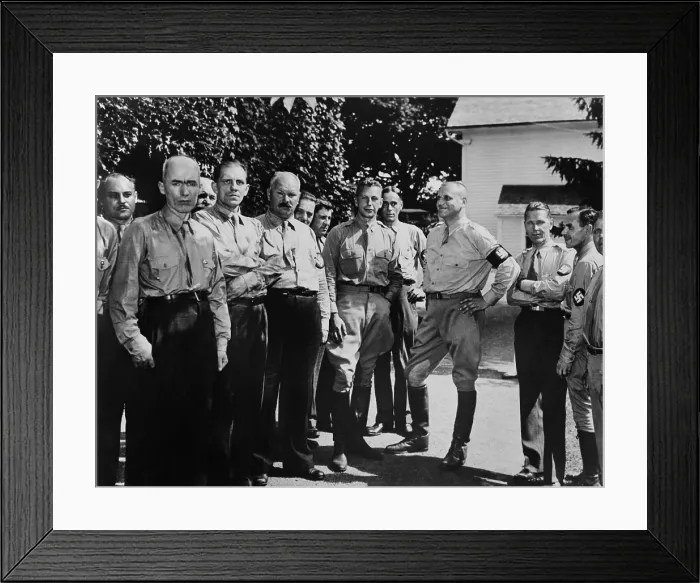 Framed Print : Fascist White Russians meet in Connecticut, 1937. Anastase Vonsiatsky of the Russian National Revolutionary Party (riding breeches, hand on hips) and D. I