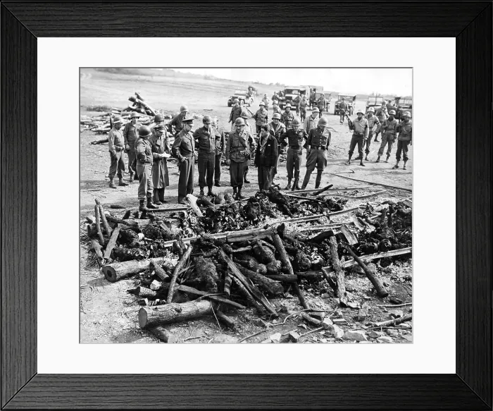 Framed Print : Generals Eisenhower, Bradley, Patton, and Eddy tour liberated Ohrdruf concentration camp. They view the charred remains of prisoners burned on a section of railroad track Framed Print : Generals Eisenhower, Bradley, Patton, and Eddy tour liberated Ohrdruf concentration camp. They view the charred remains of prisoners burned on a section of railroad track