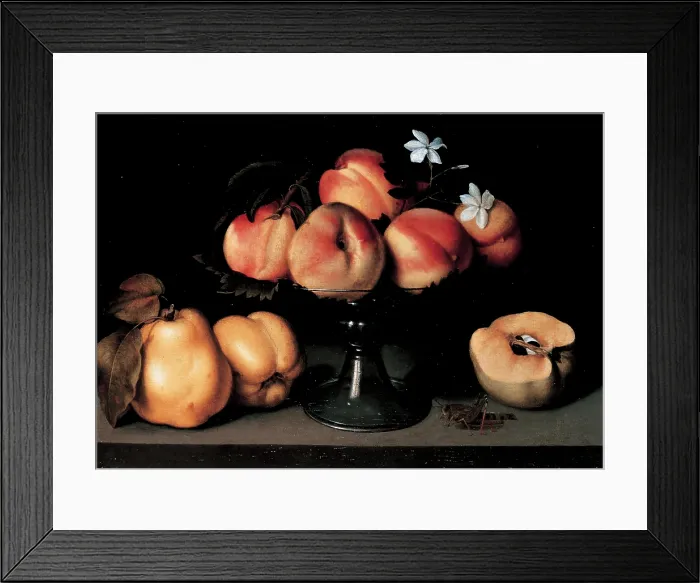 Framed Print : Galizia Fede, Crystal Fruit stand with Peaches, Quinces, Jasmine Flowers and a Grasshopper, 1607, 17th Century, oil on panel, Italy, Lombardy, Campione d'Italia Como Framed Print : Galizia Fede, Crystal Fruit stand with Peaches, Quinces, Jasmine Flowers and a Grasshopper, 1607, 17th Century, oil on panel, Italy, Lombardy, Campione d'Italia Como
