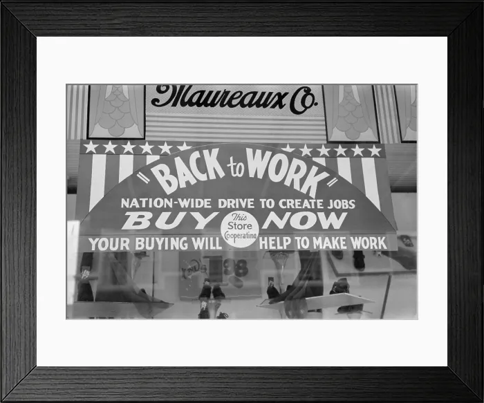 Framed Print : Store sign using economics theory to advertise. Sign reads Nation-wide drive to create jobs and Your buying will help to make work