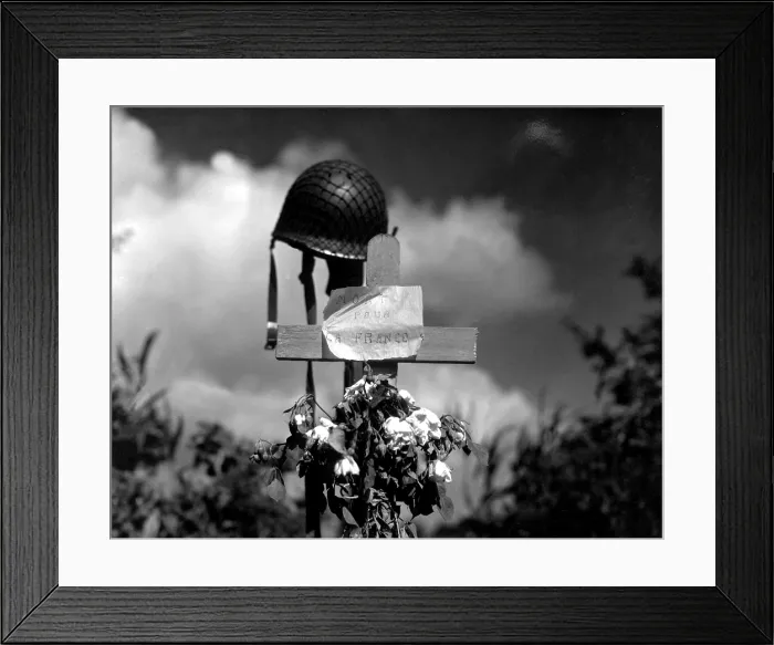 Framed Print : French civilians tribute to an American soldier who died during the fighting in Carentan, France. The sign reads Mort pour la France, June 17, 1944 Framed Print : French civilians tribute to an American soldier who died during the fighting in Carentan, France. The sign reads Mort pour la France, June 17, 1944