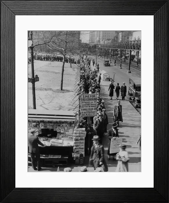 Framed Print : Breadline along Bryant Park in Mid-town Manhattan. A sign advertised meals for 1 cent and requests donations. New York City. 1930s