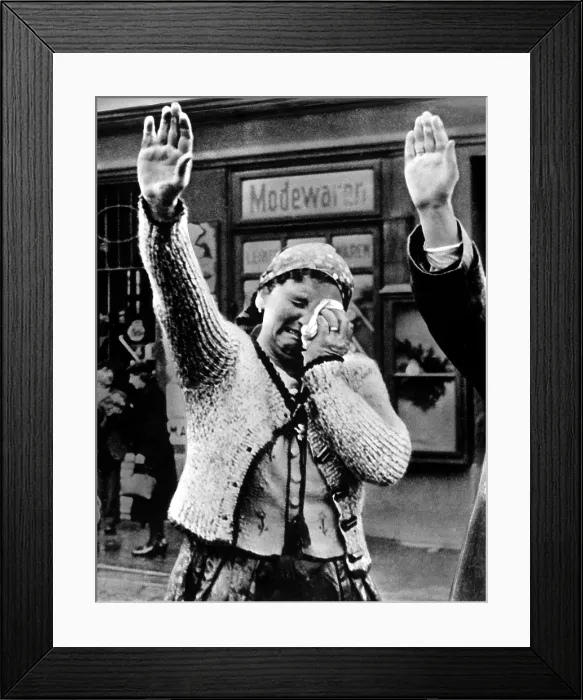 Framed Print : Weeping woman in the Sudetenland saluting the triumphant Hitler in 1938. Debate occurs over her emotion state: Is it joy or pain? Most probably, it is joy