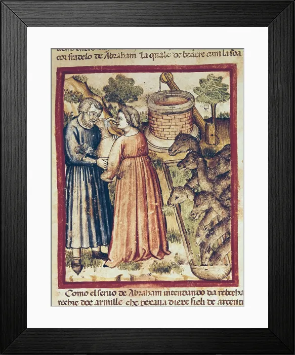 Framed Print : Bibbia istoriata padovana. 14th c. - 15th c. Rebeca offers well water to Eliecer, head of the servants of Abraham. Renaissance art. Trecento. Miniature Painting. ITALY. Rovigo Framed Print : Bibbia istoriata padovana. 14th c. - 15th c. Rebeca offers well water to Eliecer, head of the servants of Abraham. Renaissance art. Trecento. Miniature Painting. ITALY. Rovigo