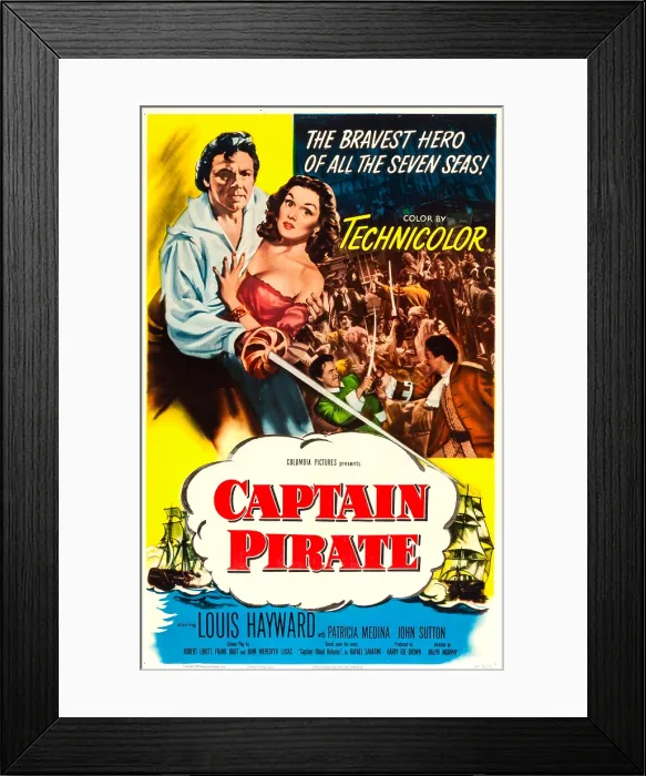 Framed Print : CAPTAIN PIRATE, (aka CAPTAIN BLOOD, FUGITIVE), US poster, top from left: Louis Hayward, Patricia Medina, 1952