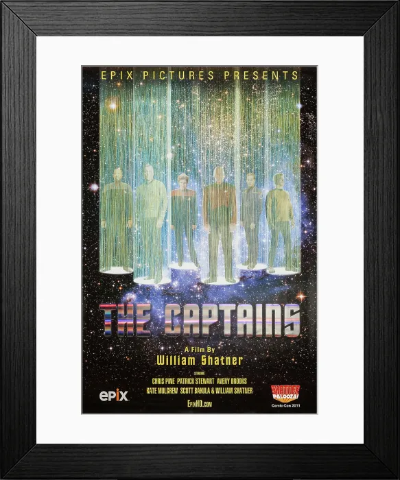 Framed Print : THE CAPTAINS, l-r: Avery Brooks, William Shatner, Kate Mulgrew, Patrick Stewart, Scott Bakula, Chris Pine on US poster art, 2011, Epix / courtesy Everett Collection
