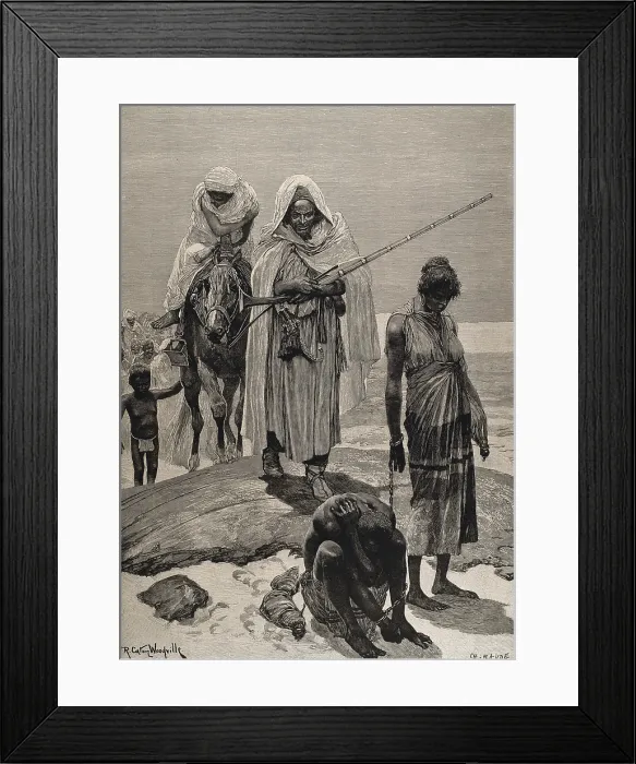 Framed Print : Slave traders returning to Timbuktu in the route Mali-Morocco. Illustration by Charles Baude after a painting by Richard Caton Woodville. The Illustrated London News. 1891 Framed Print : Slave traders returning to Timbuktu in the route Mali-Morocco. Illustration by Charles Baude after a painting by Richard Caton Woodville. The Illustrated London News. 1891