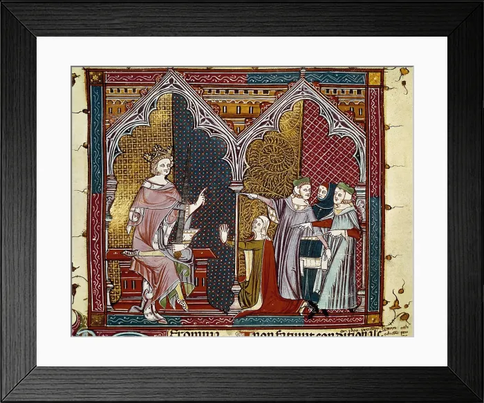 Framed Print : Civil law, 14th c. The king trying slander. In her knees, a woman begging for mercy. Gothic art. Miniature Painting. SPAIN. San Lorenzo de El Escorial Framed Print : Civil law, 14th c. The king trying slander. In her knees, a woman begging for mercy. Gothic art. Miniature Painting. SPAIN. San Lorenzo de El Escorial