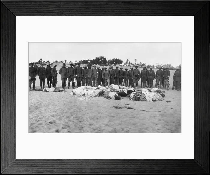 Framed Print : Italian soldiers gathered around dead bodies of Arabs during the Italo-Turkish War