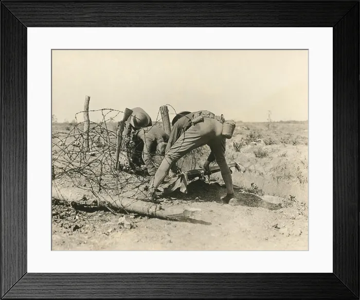 Framed Print : Allied soldiers extricate a casualty entangled in barbed wire, during World War I, 1918