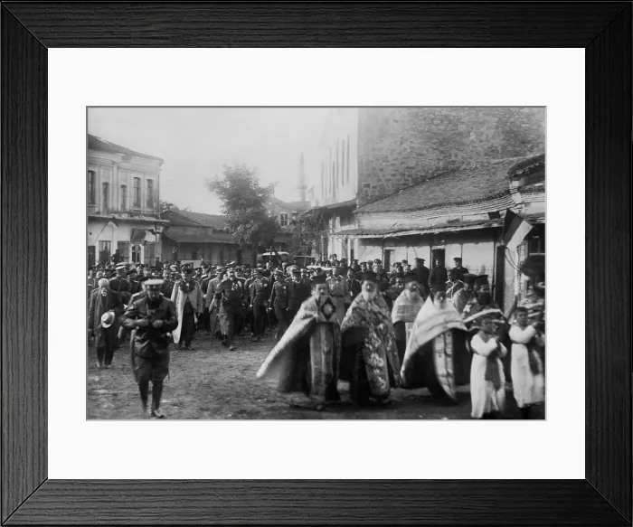 Framed Print : Ferdinand I, Czar of Bulgaria, marches with religious and military figures in Mustapha Pasha, 1912