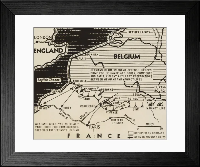 Framed Print : Map of German World War 2 invasion and Allied resistance in early June 1940. The British evacuated over 330, 000 solders from Dunkirk between May 26-June 4 Framed Print : Map of German World War 2 invasion and Allied resistance in early June 1940. The British evacuated over 330, 000 solders from Dunkirk between May 26-June 4