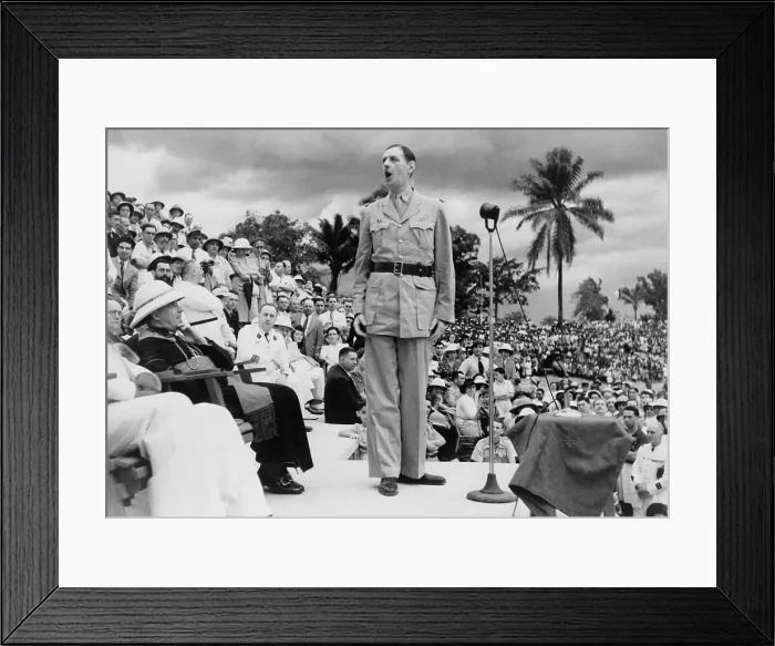 Framed Print : General Charles de Gaulle speaking at the African-French Conference in Brazzaville, Congo, 1944. Brazzaville Conference began major reforms in French colonial policy. World War 2