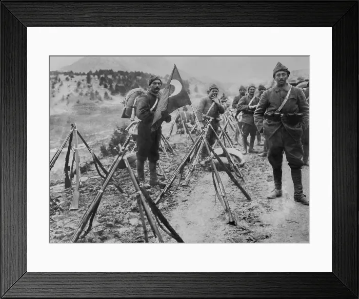 Framed Print : Turkish infantry column at rest with flag and rifles during World War I. (BSLOC_2017_1_149)