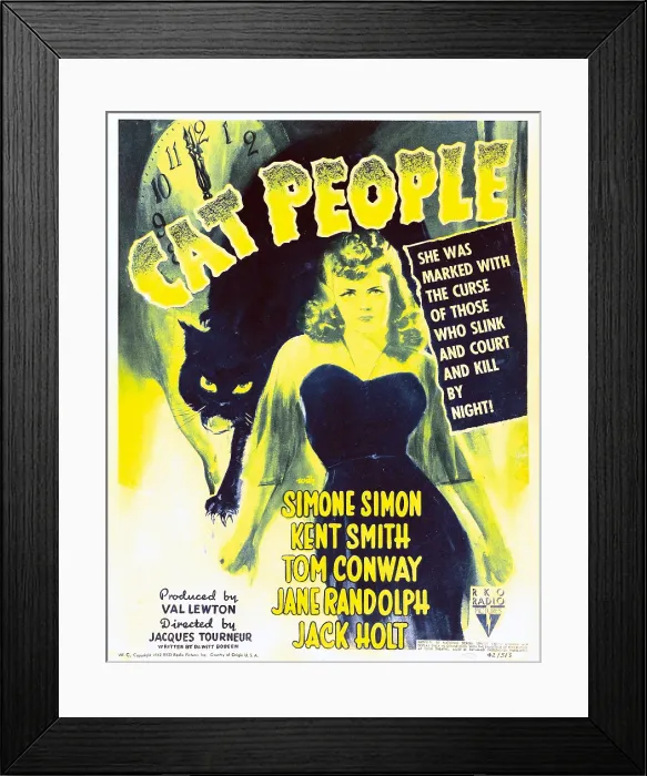 Framed Print : CAT PEOPLE, Simone Simon on window card, 1942