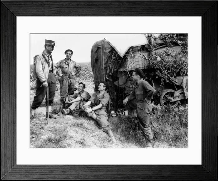 Framed Print : General Jacques-Philippe Leclerc (left) talks with French soldiers during the Battle of Normandy. July-August 1944, during World War 2. (BSLOC_2014_8_146) Framed Print : General Jacques-Philippe Leclerc (left) talks with French soldiers during the Battle of Normandy. July-August 1944, during World War 2. (BSLOC_2014_8_146)