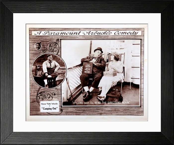 Framed Print : CAMPING OUT, lobbycard, Roscoe Fatty Arbuckle (left and center), Alice Lake (right), 1919 Framed Print : CAMPING OUT, lobbycard, Roscoe Fatty Arbuckle (left and center), Alice Lake (right), 1919