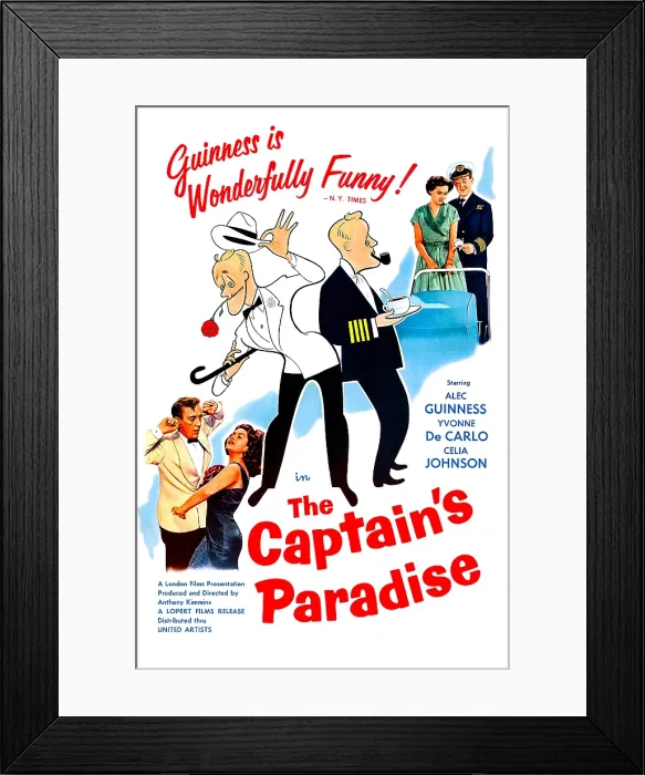 Framed Print : THE CAPTAIN'S PARADISE, US poster, bottom left: Alec Guinness, Yvonne De Carlo, top right: Celia Johnson, Alec Guinness on poster art, 1953