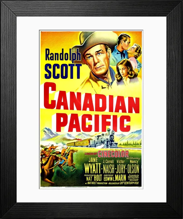 Framed Print : CANADIAN PACIFIC, US poster, top right clockwise: Randolph Scott, Jane Wyatt, Nancy Olson, 1949. TM and copyright 20th Century Fox Film Corp