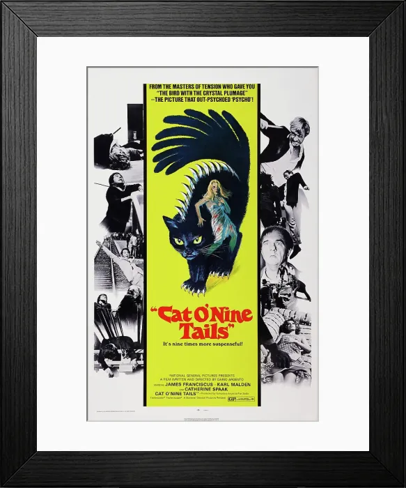 Framed Print : CAT O'NINE TAILS, (aka IL GATTO A NOVE CODE), US poster art, top right: James Franciscus; middle right: Karl Malden, 1971 Framed Print : CAT O'NINE TAILS, (aka IL GATTO A NOVE CODE), US poster art, top right: James Franciscus; middle right: Karl Malden, 1971