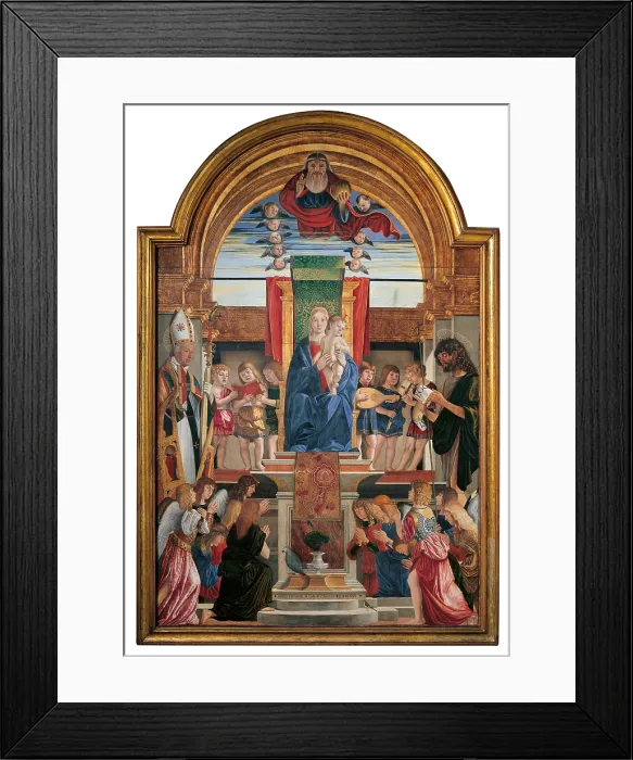 Framed Print : Madonna Enthroned and Child with Sts Hilarius and John the Baptist, Angels Musicians and Singers (Pala dei Consorziali), by Cristoforo Caselli known as Temperelli, 1499