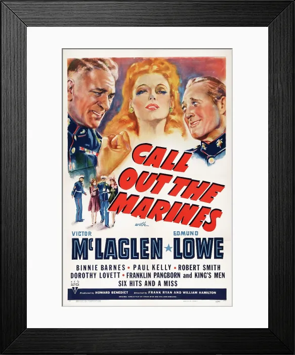 Framed Print : CALL OUT THE MARINES, from left: Victor McLaglen, Binnie Barnes, Edmund Lowe on window card, 1942 Framed Print : CALL OUT THE MARINES, from left: Victor McLaglen, Binnie Barnes, Edmund Lowe on window card, 1942