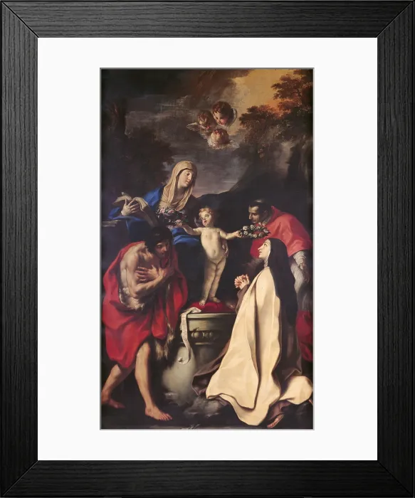 Framed Print : Madonna and Child with Sts Therese, John the Baptist, Charles Borromeo, by Carlo Cignani, 1668 - 1680 about, 17th Century, oil on canvas, cm 385 x 229 - Italy, Emilia Romagna