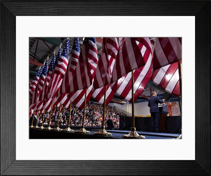 Framed Print : President Barack Obama speaks on immigration reform in Las Vegas, Nev. Jan. 29, 2013. He spoke in front of a display of American flags at Del Sol High School. (BSLOC_2015_3_16)