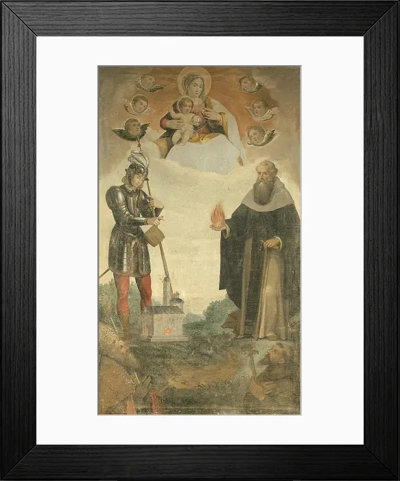 Framed Print : Madonna with Child, Saints Titian, Florian, Anthony Abbot and Francis, by Francesco Frigimelica, 1600 - 1649, 17th Century, canvas - Italy, Veneto, Pieve d'Alpago