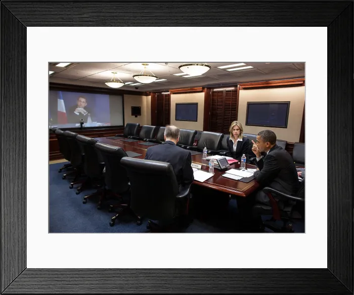Framed Print : President Barack Obama in a video teleconference with President Nicolas Sarkozy of France
